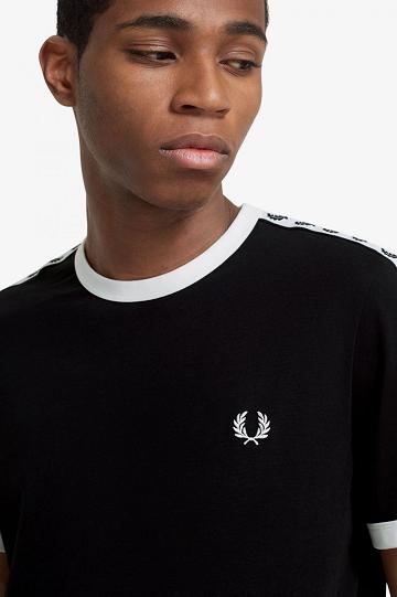 Black Fred Perry Taped Ringer Men's T Shirts | PH 1778YXFU